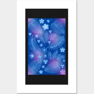 Light Blue leaves and flowers pattern Posters and Art